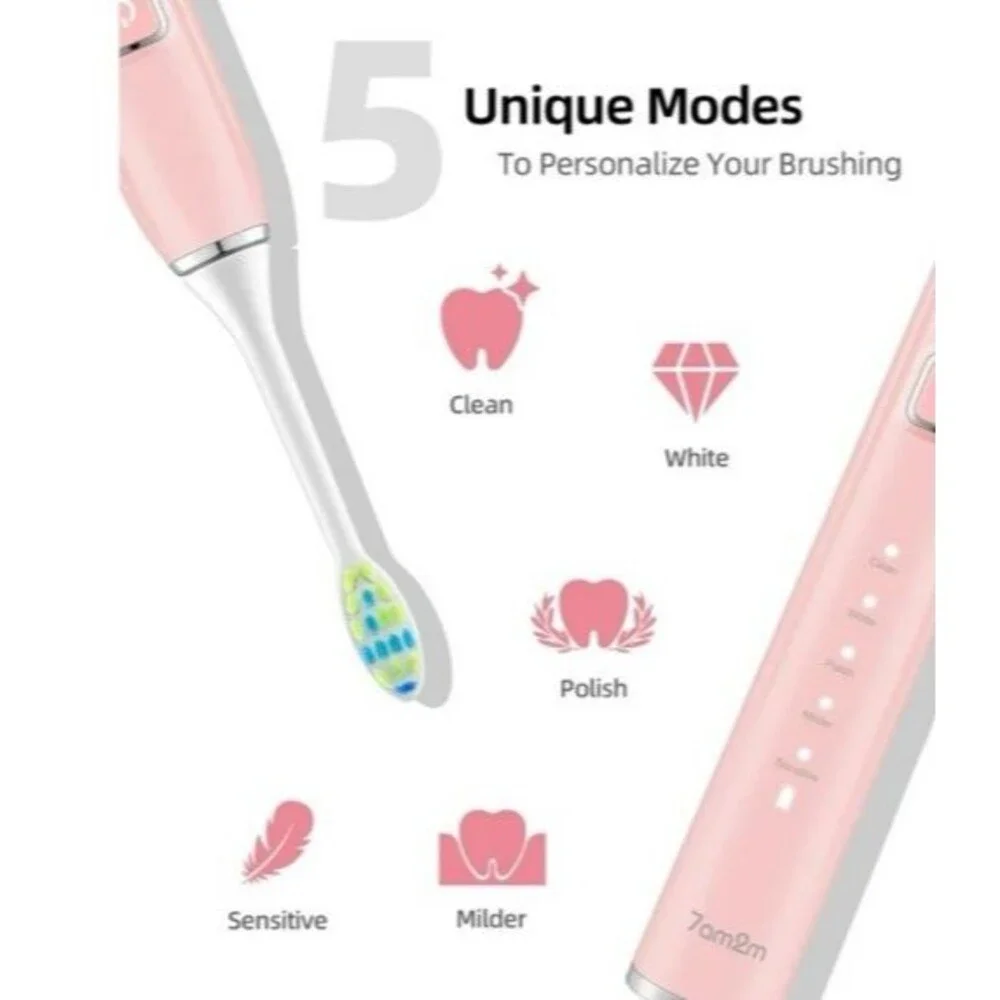 NEW 7AM2M Ultrasonic Electric Toothbrush Pink w/ 6 Brush Heads IPX7 Waterproof